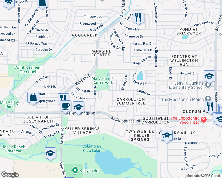 map of restaurants, bars, coffee shops, grocery stores, and more near 2304 Westwind Drive in Carrollton