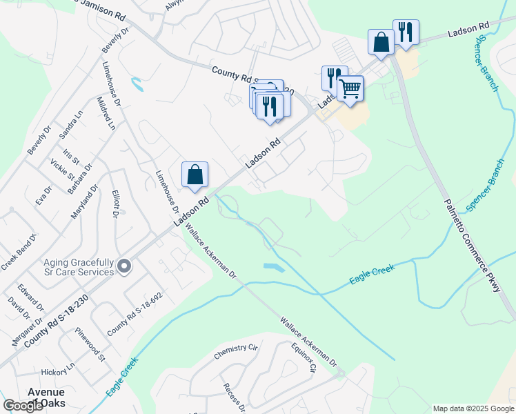 map of restaurants, bars, coffee shops, grocery stores, and more near 3 Ladson Road in Ladson