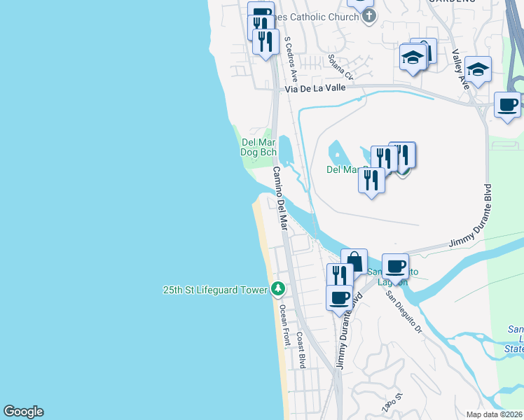 map of restaurants, bars, coffee shops, grocery stores, and more near 3000 Sandy Lane in Del Mar