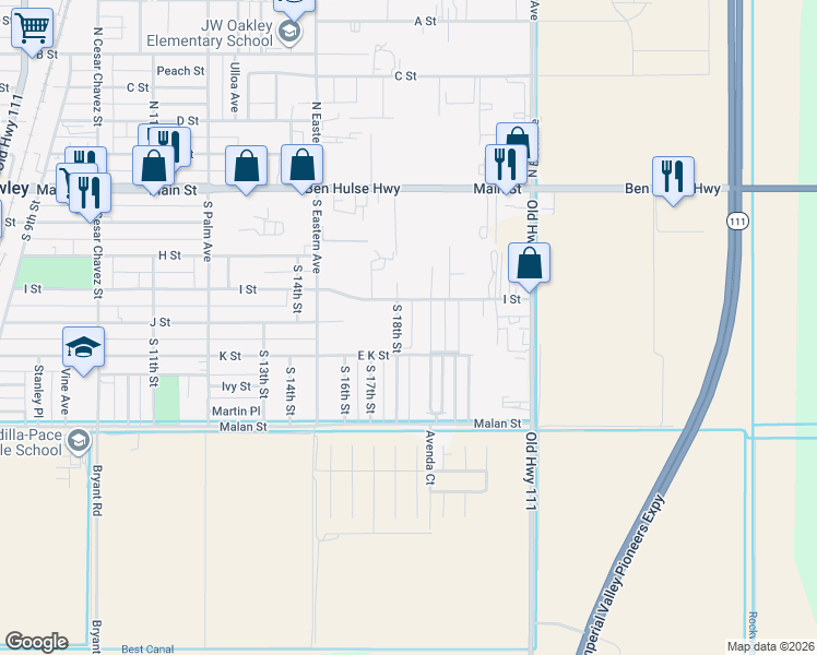 map of restaurants, bars, coffee shops, grocery stores, and more near Citrus Lane in Brawley