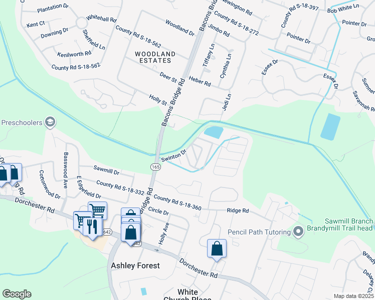 map of restaurants, bars, coffee shops, grocery stores, and more near Swinton Drive in Summerville