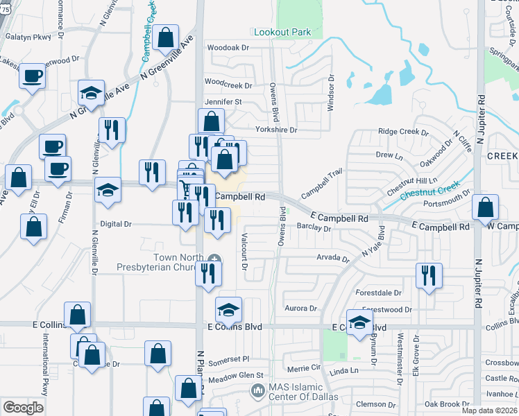 map of restaurants, bars, coffee shops, grocery stores, and more near 1504 East Campbell Road in Richardson