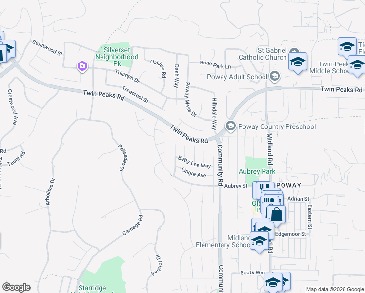 map of restaurants, bars, coffee shops, grocery stores, and more near 14340 Sladon Court in Poway