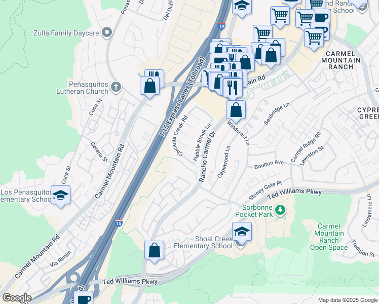 map of restaurants, bars, coffee shops, grocery stores, and more near 11235 Candleberry Court in San Diego