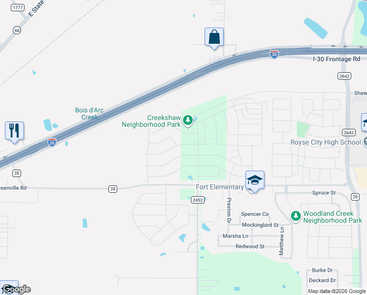 map of restaurants, bars, coffee shops, grocery stores, and more near 2065 Farm to Market 35 in Royse City
