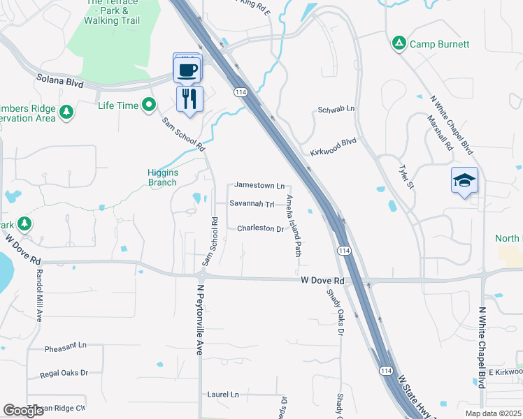 map of restaurants, bars, coffee shops, grocery stores, and more near 817 Savannah Trail in Southlake