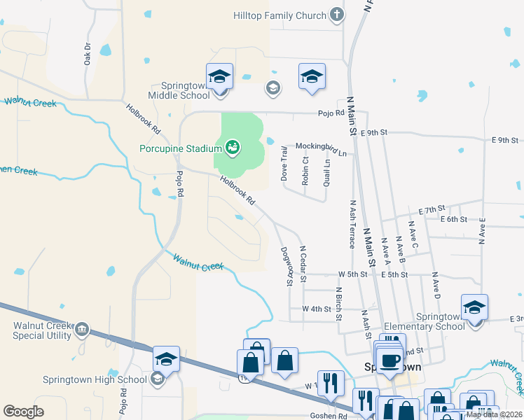 map of restaurants, bars, coffee shops, grocery stores, and more near 704 Holbrook Road in Springtown