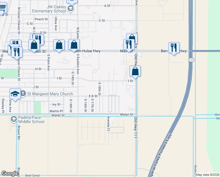 map of restaurants, bars, coffee shops, grocery stores, and more near Citrus Lane in Brawley