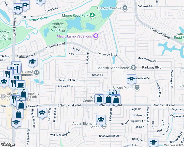 map of restaurants, bars, coffee shops, grocery stores, and more near 511 Lee Drive in Coppell