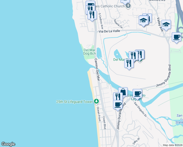 map of restaurants, bars, coffee shops, grocery stores, and more near 3000 Sandy Lane in Del Mar