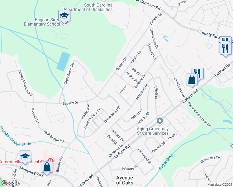 map of restaurants, bars, coffee shops, grocery stores, and more near 207 Glenda View in Ladson