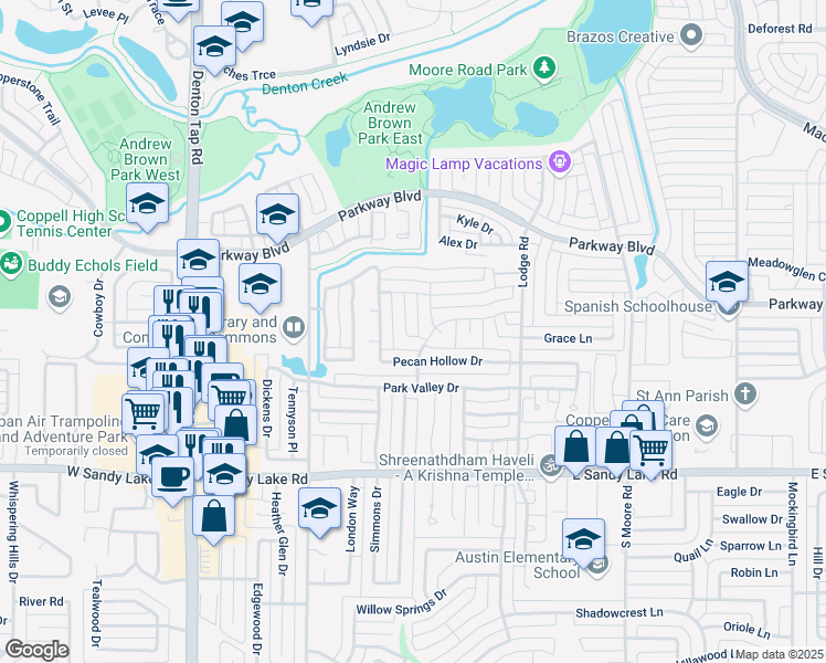 map of restaurants, bars, coffee shops, grocery stores, and more near 199 Chinaberry Way in Coppell