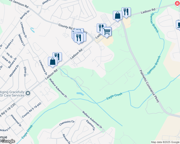 map of restaurants, bars, coffee shops, grocery stores, and more near 3711 Raddison Lane in Ladson