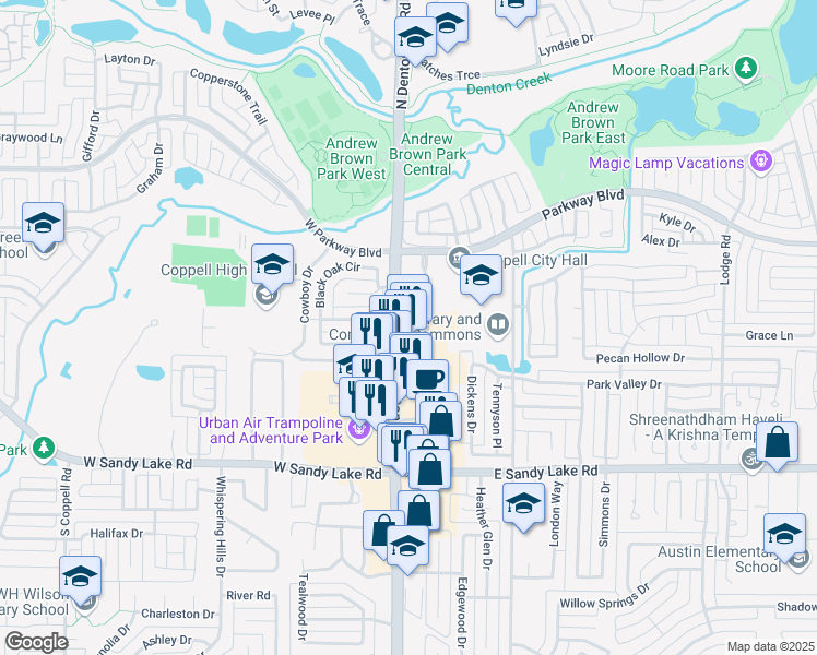 map of restaurants, bars, coffee shops, grocery stores, and more near 240 North Denton Tap Road in Coppell