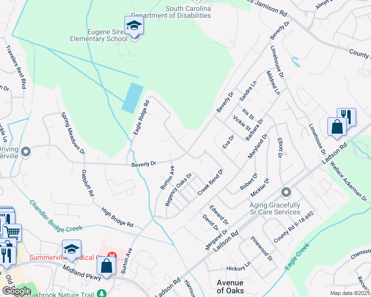 map of restaurants, bars, coffee shops, grocery stores, and more near 414 Beverly Drive in Summerville