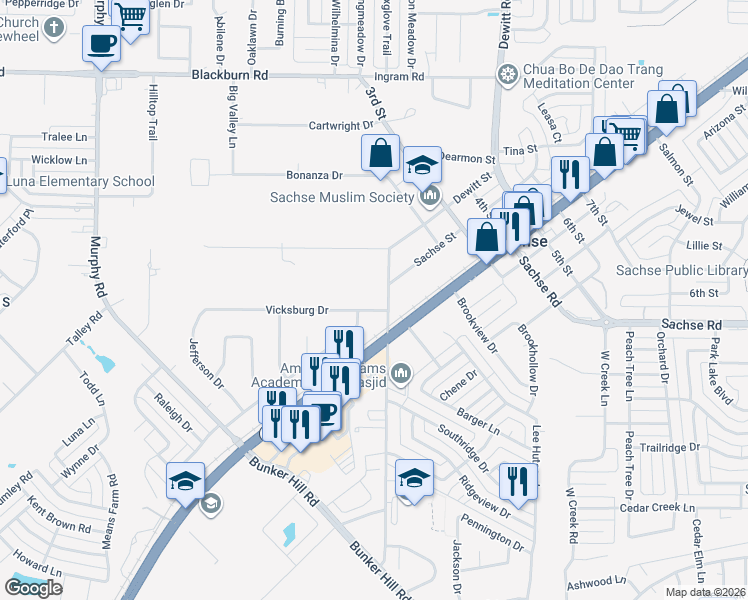 map of restaurants, bars, coffee shops, grocery stores, and more near 2209 Vicksburg Drive in Sachse