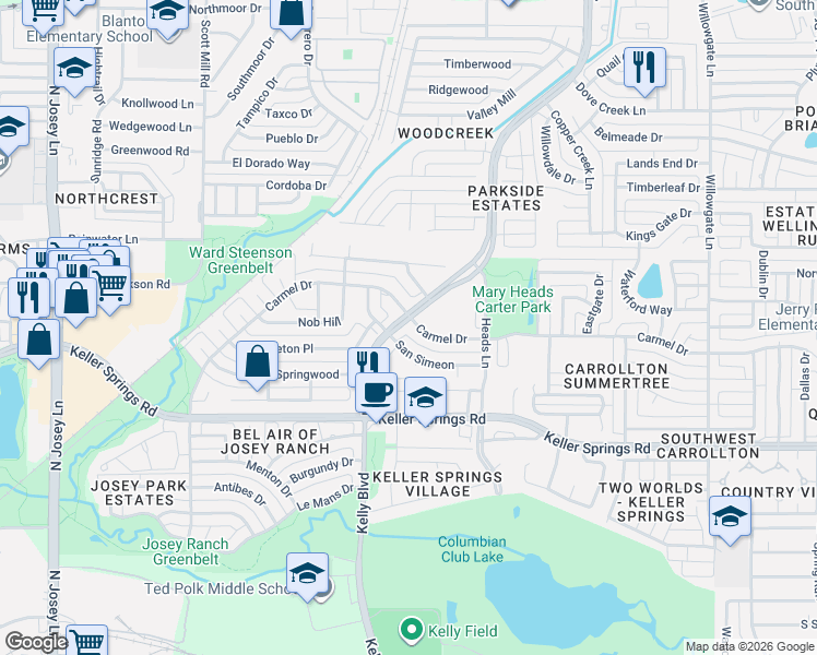 map of restaurants, bars, coffee shops, grocery stores, and more near 2224 Carmel Drive in Carrollton