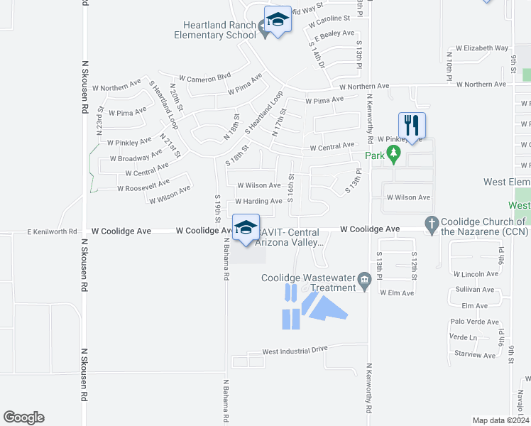 map of restaurants, bars, coffee shops, grocery stores, and more near 1648 West Coolidge Way in Coolidge