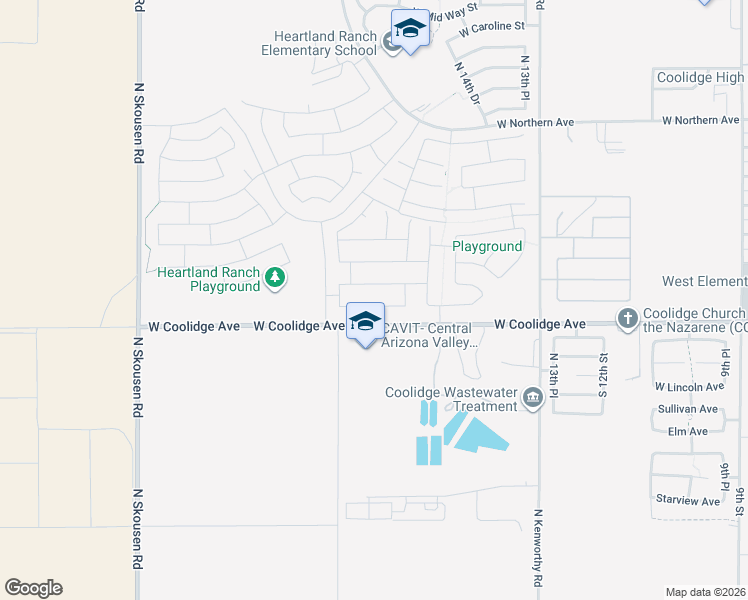 map of restaurants, bars, coffee shops, grocery stores, and more near 1706 West Coolidge Way in Coolidge