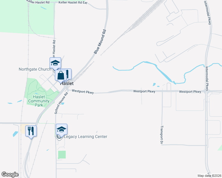 map of restaurants, bars, coffee shops, grocery stores, and more near 405 Westport Parkway in Fort Worth