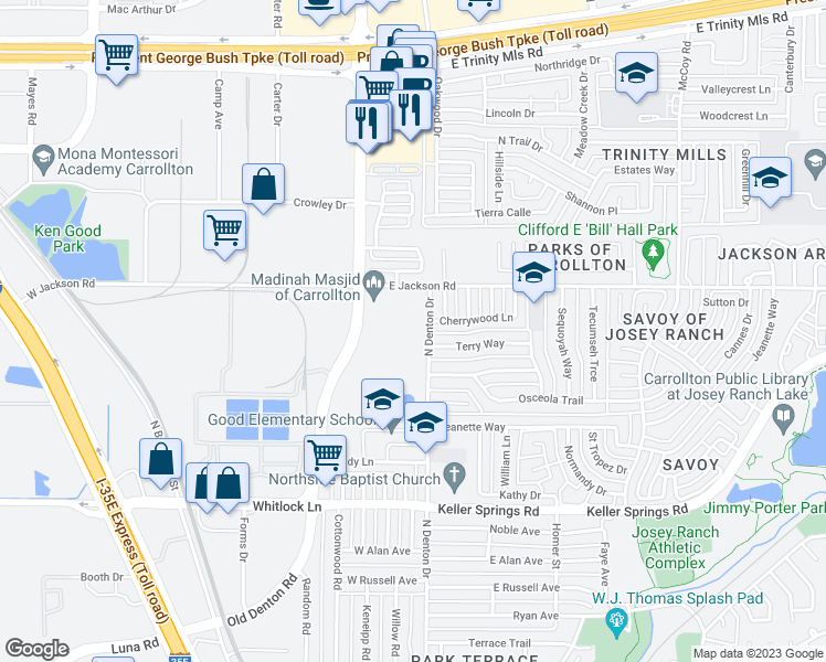 map of restaurants, bars, coffee shops, grocery stores, and more near 2121 North Denton Drive in Carrollton
