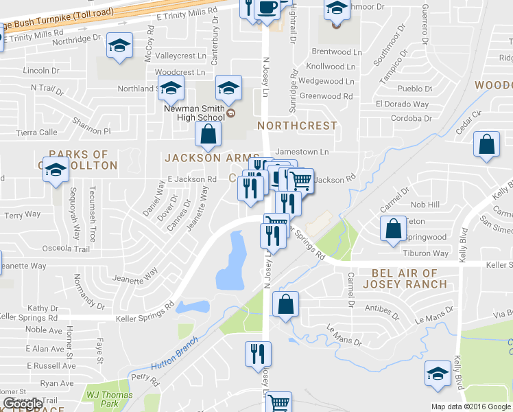 map of restaurants, bars, coffee shops, grocery stores, and more near 2145 North Josey Lane in Carrollton