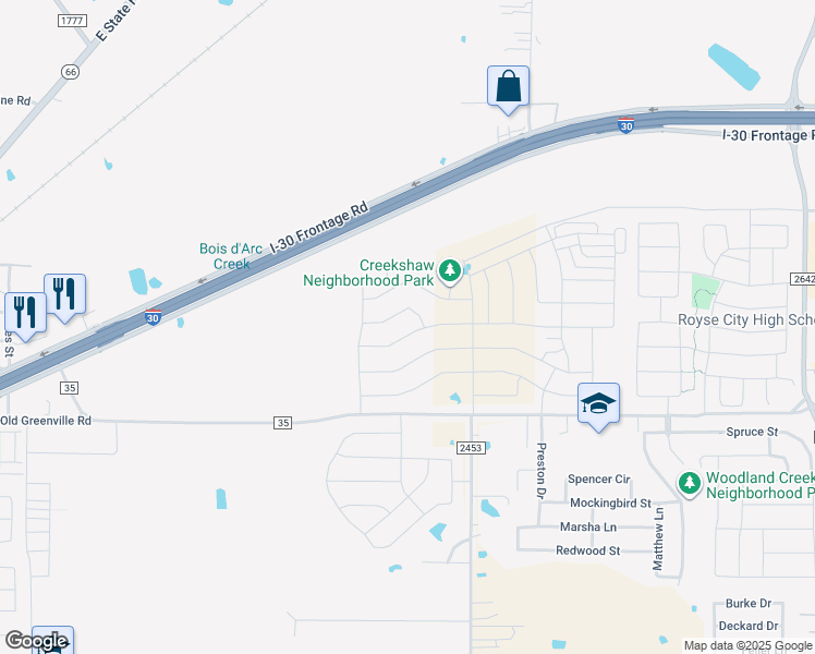 map of restaurants, bars, coffee shops, grocery stores, and more near 1938 Farm to Market 35 in Royse City