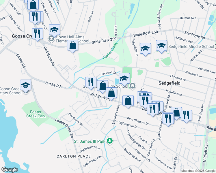 map of restaurants, bars, coffee shops, grocery stores, and more near 215 Buchanan Circle in Goose Creek