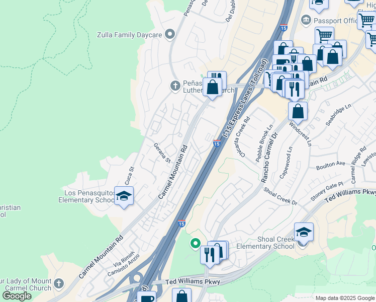 map of restaurants, bars, coffee shops, grocery stores, and more near 11040 Bryce Way in San Diego