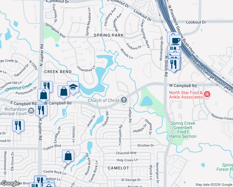 map of restaurants, bars, coffee shops, grocery stores, and more near 6602 Rutledge Court in Garland