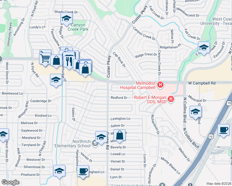 map of restaurants, bars, coffee shops, grocery stores, and more near 426 Provincetown Lane in Richardson
