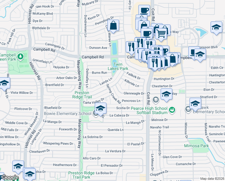 map of restaurants, bars, coffee shops, grocery stores, and more near 16214 Spring Creek Road in Dallas