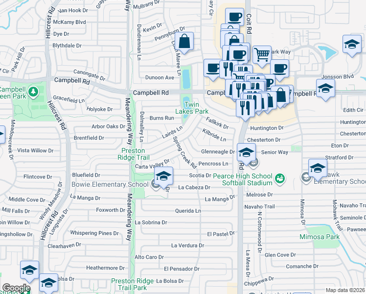map of restaurants, bars, coffee shops, grocery stores, and more near 16214 Spring Creek Road in Dallas