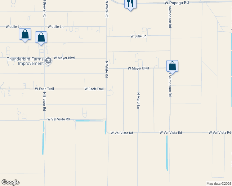 map of restaurants, bars, coffee shops, grocery stores, and more near 10333 North White Road in Maricopa