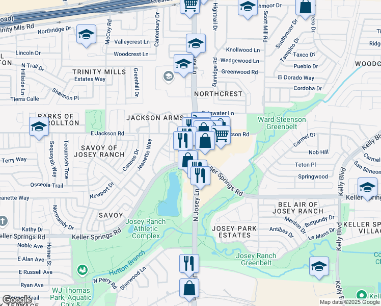 map of restaurants, bars, coffee shops, grocery stores, and more near 2145 North Josey Lane in Carrollton