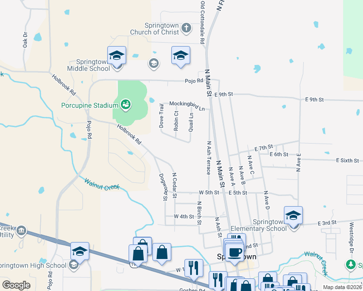 map of restaurants, bars, coffee shops, grocery stores, and more near 411 Meadowlark Trail in Springtown