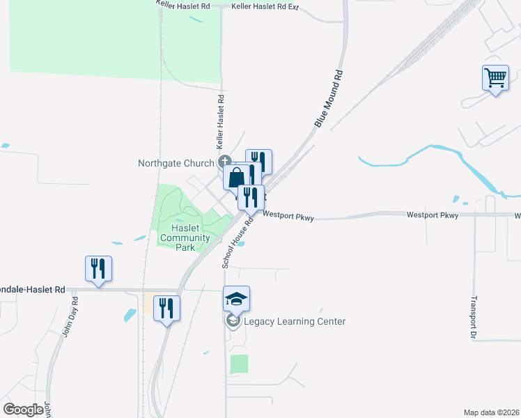 map of restaurants, bars, coffee shops, grocery stores, and more near 405 Westport Parkway in Haslet
