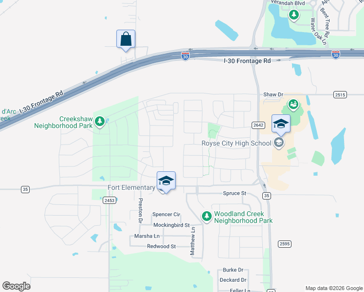 map of restaurants, bars, coffee shops, grocery stores, and more near 266 Canyon Crest Way in Royse City