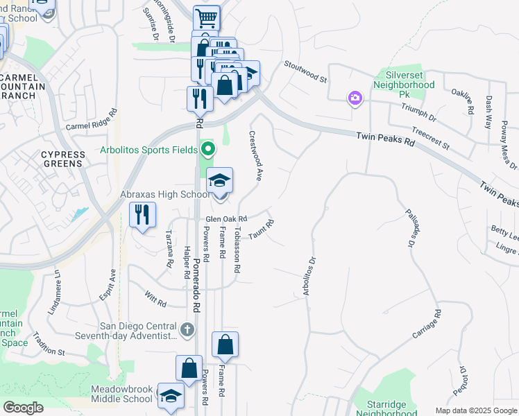 map of restaurants, bars, coffee shops, grocery stores, and more near 130291/2 Poway Road in Poway