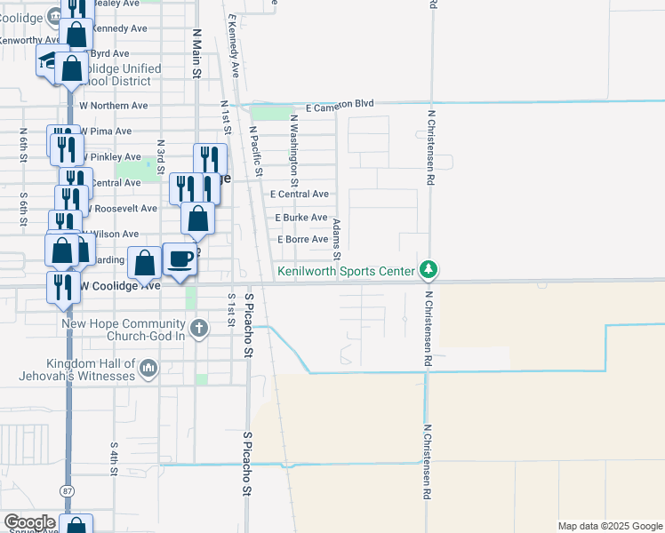 map of restaurants, bars, coffee shops, grocery stores, and more near 383 East Dirkley Avenue in Coolidge