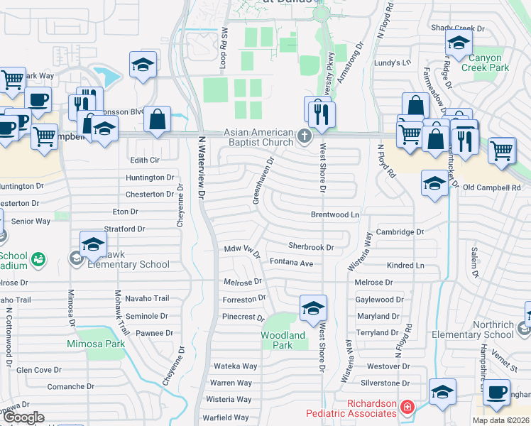 map of restaurants, bars, coffee shops, grocery stores, and more near 829 Brentwood Lane in Richardson