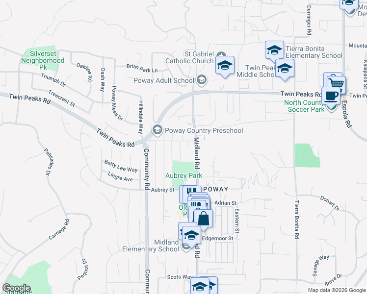 map of restaurants, bars, coffee shops, grocery stores, and more near 14347 Sycamore Avenue in Poway