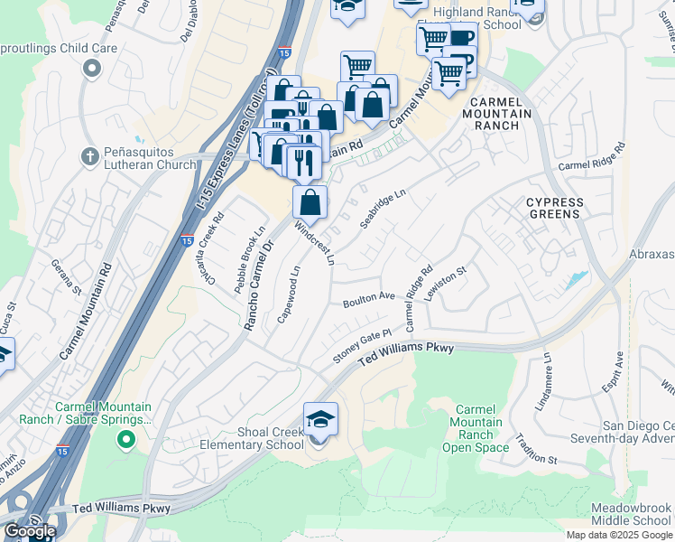 map of restaurants, bars, coffee shops, grocery stores, and more near 11616 Windcrest Lane in San Diego