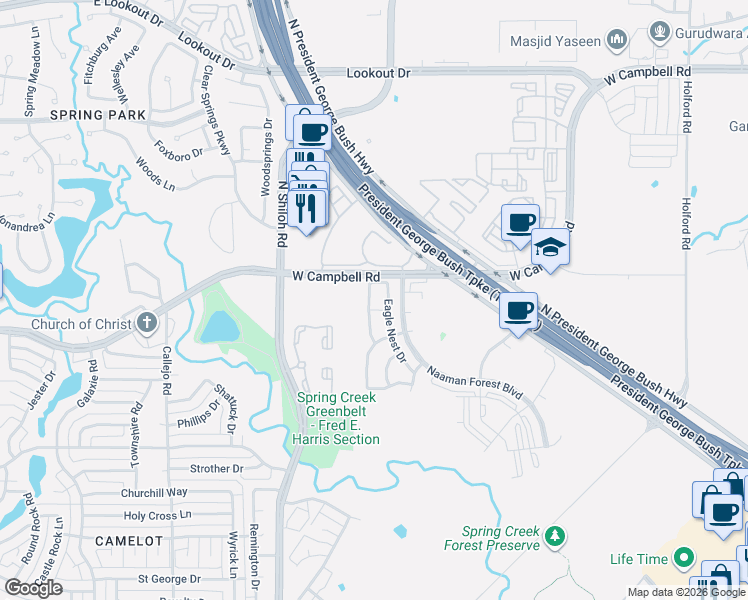 map of restaurants, bars, coffee shops, grocery stores, and more near 6602 Wildlife Trail in Garland