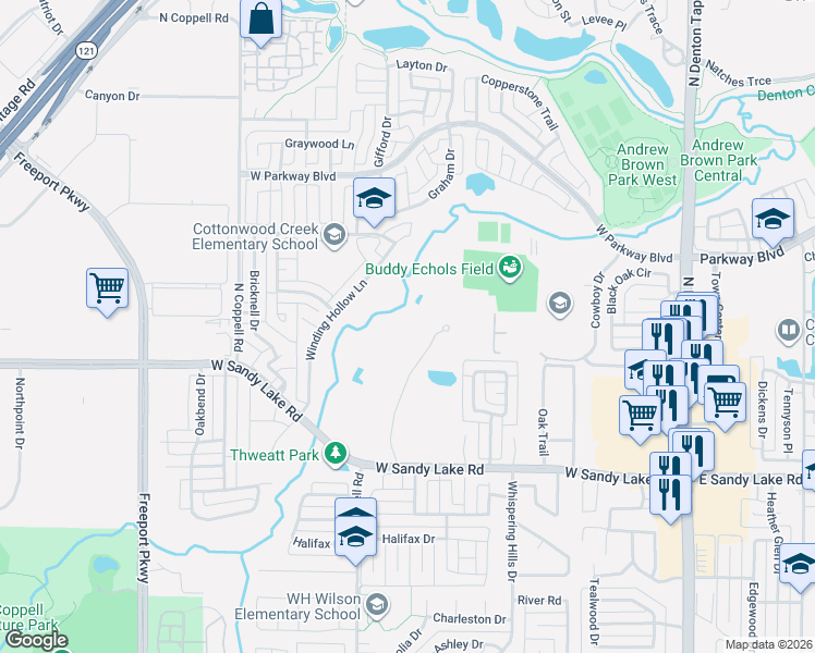 map of restaurants, bars, coffee shops, grocery stores, and more near 149 Cottonwood Drive in Coppell