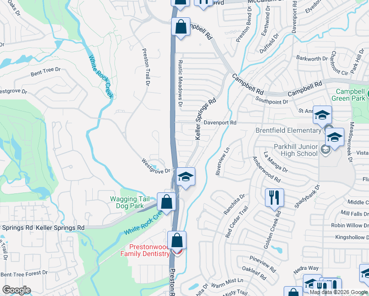 map of restaurants, bars, coffee shops, grocery stores, and more near 6001 Blue Bay Drive in Dallas