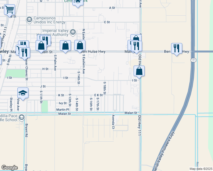 map of restaurants, bars, coffee shops, grocery stores, and more near 1586 I Street in Brawley