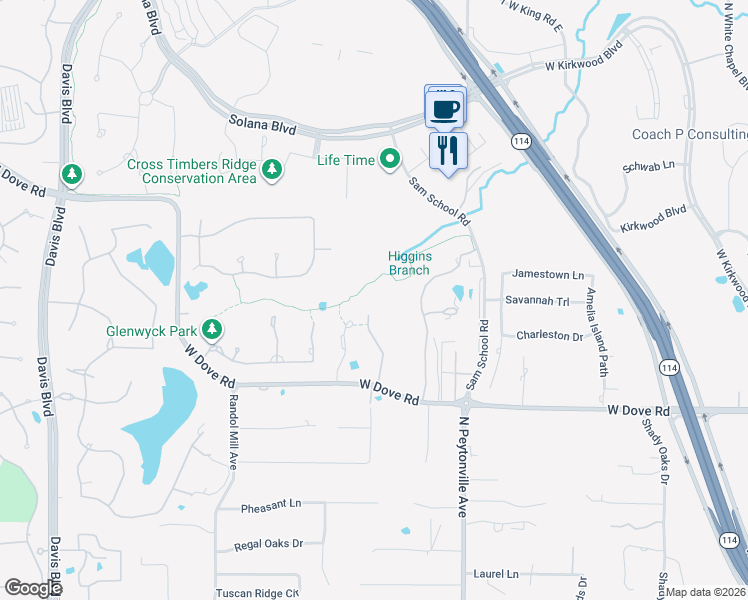 map of restaurants, bars, coffee shops, grocery stores, and more near 1380 West Dove Road in Westlake