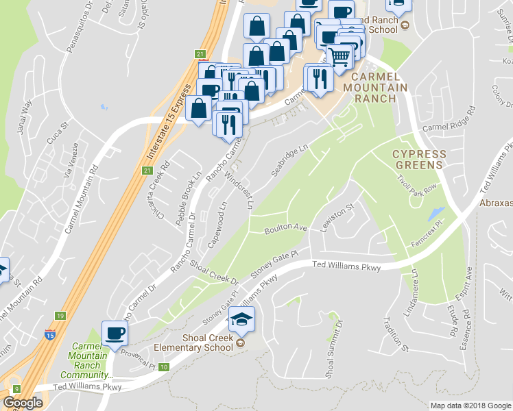 map of restaurants, bars, coffee shops, grocery stores, and more near 11616 Windcrest Lane in San Diego