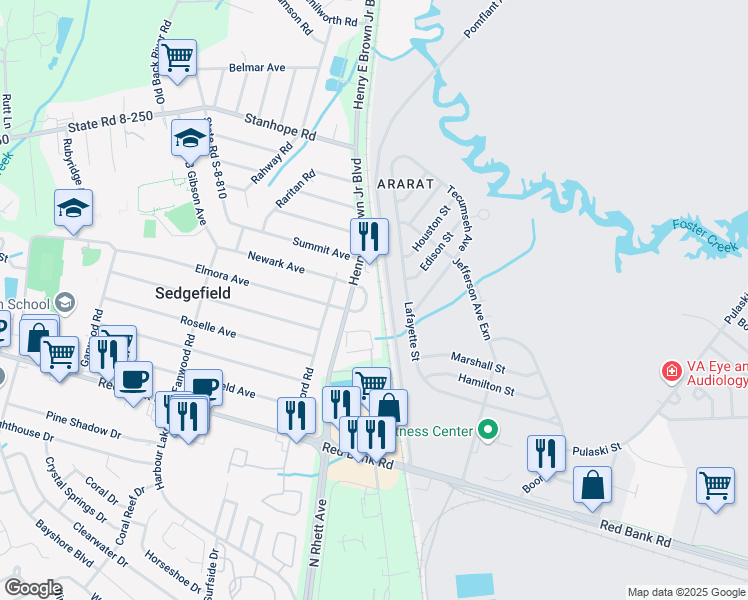 map of restaurants, bars, coffee shops, grocery stores, and more near 79 Lafayette Street in Goose Creek